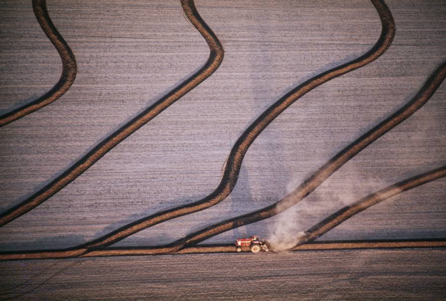 Tractor creating a linear design in a rice field while raising levees in Grand Prairie, Arkansas, 1978