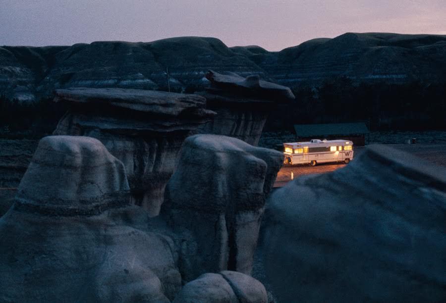 Mobile home amid rock formations in Alberta, Canada, 1970