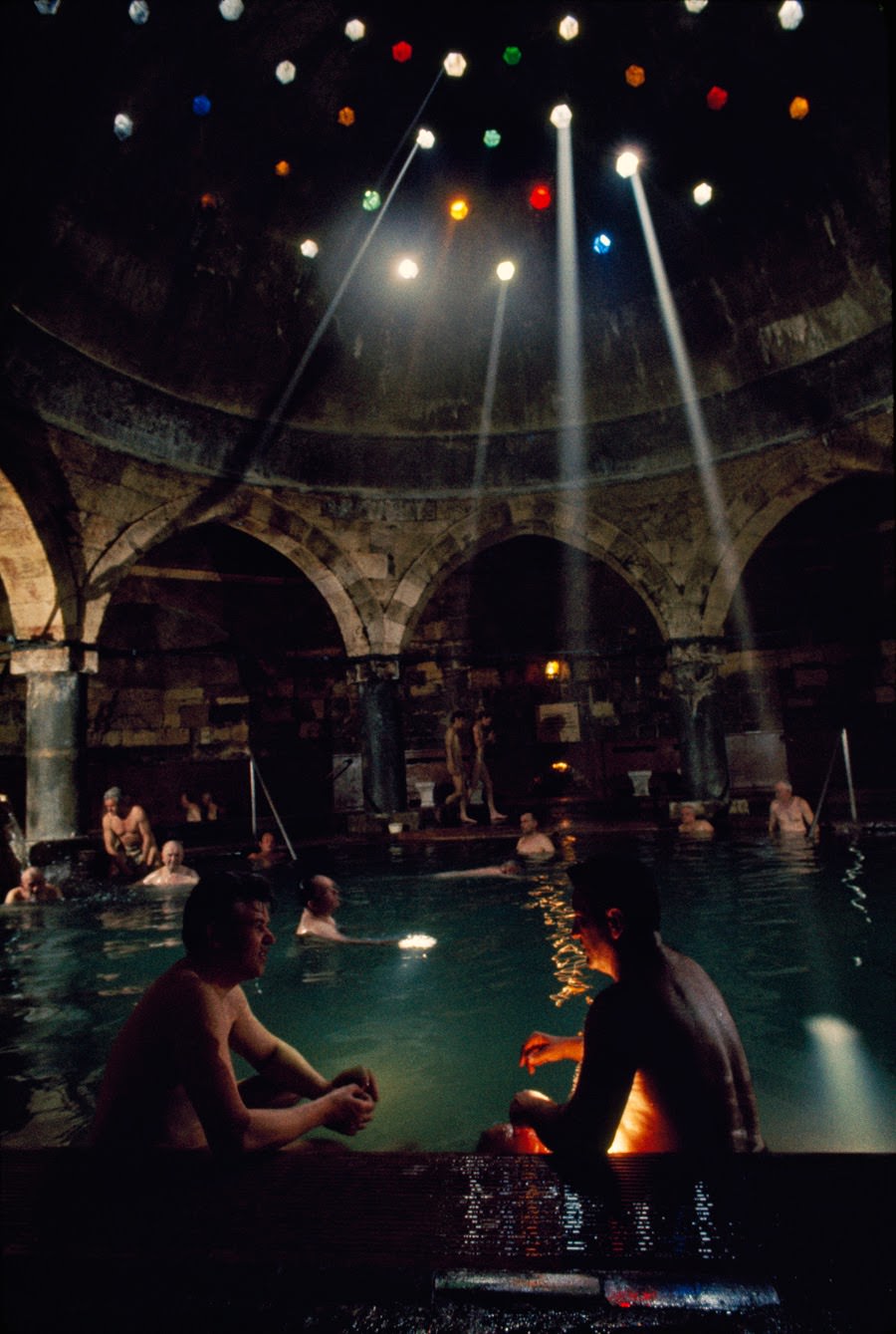 Men soaking in the mineral-laden waters of the Rudas Baths in Budapest, Hungary, 1971