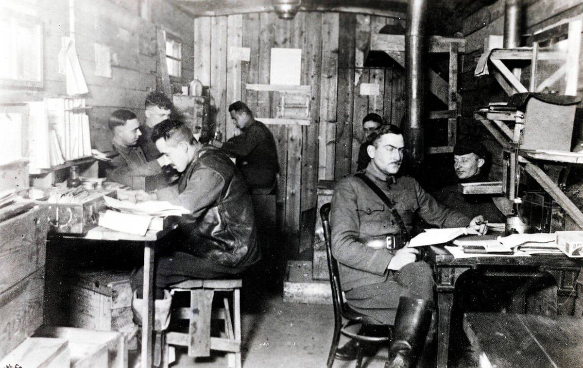American post of command in a boxcar in North Russia, 1918
