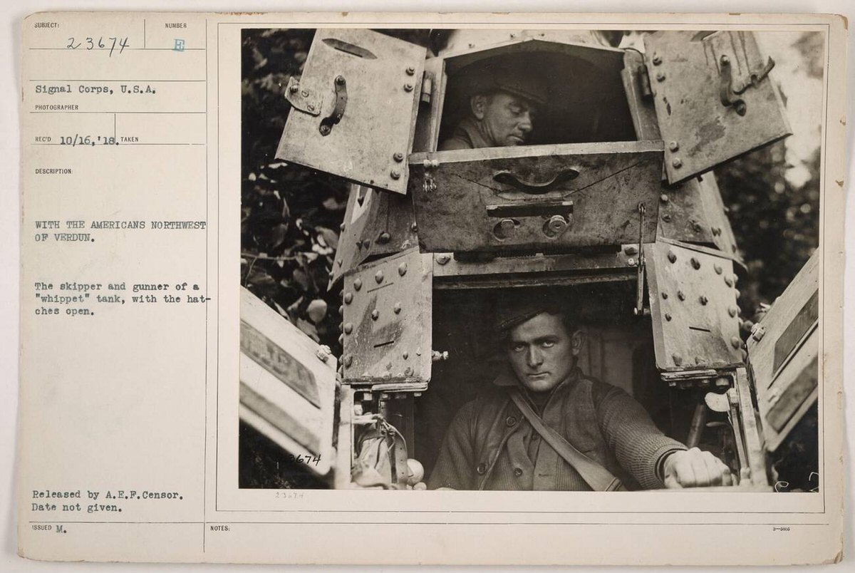 American tank crew operating a Whippet tank northwest of Verdun, 1918