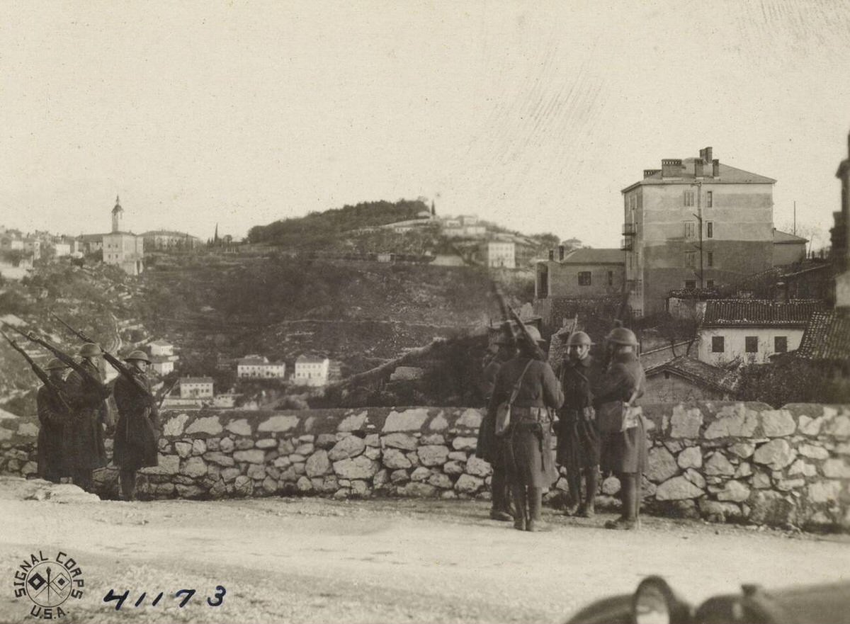Americans posting guard on a hill in Fiume, Italy, 1918