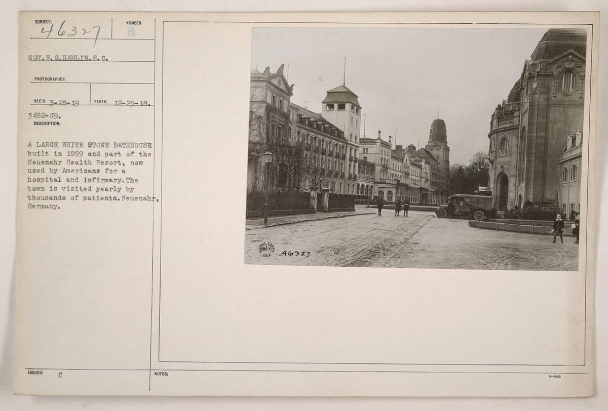 Stone bathhouse used as an American hospital and infirmary in Neuenahr, Germany, 1918