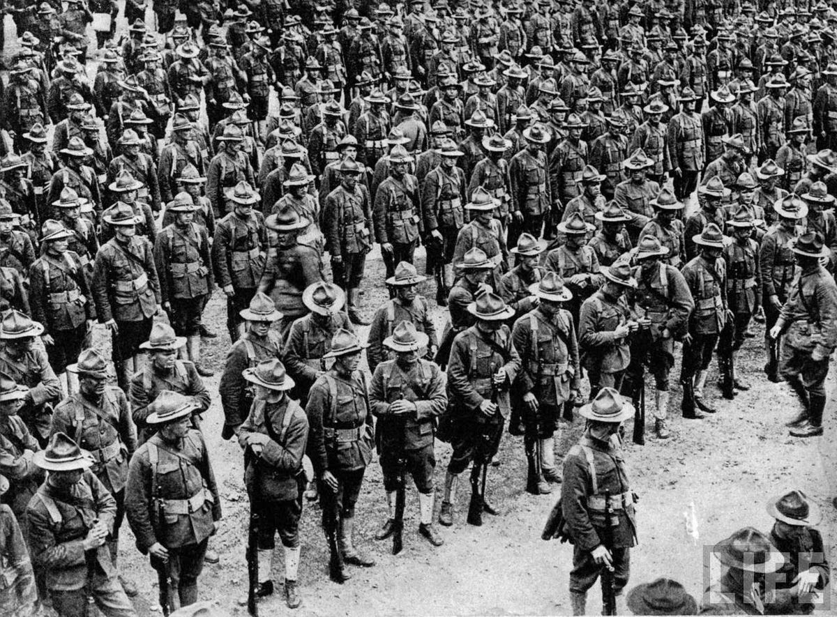 American troops assemble prior to a march through London before they are shipped off to the Western Front during World War I.