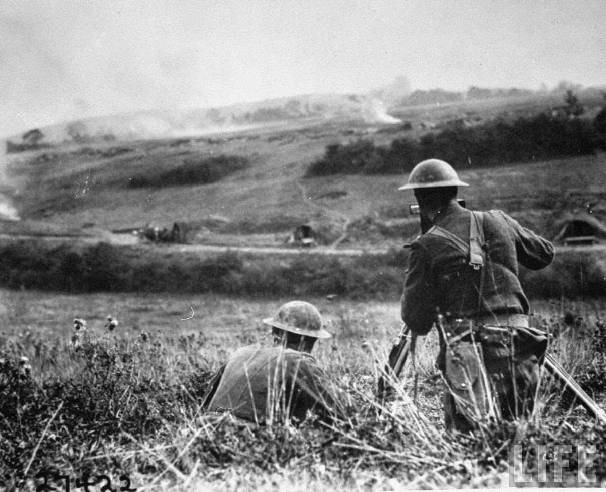 American artillery spotter checking range of his units shells during the Meuse-Argonne offensive, World War I.