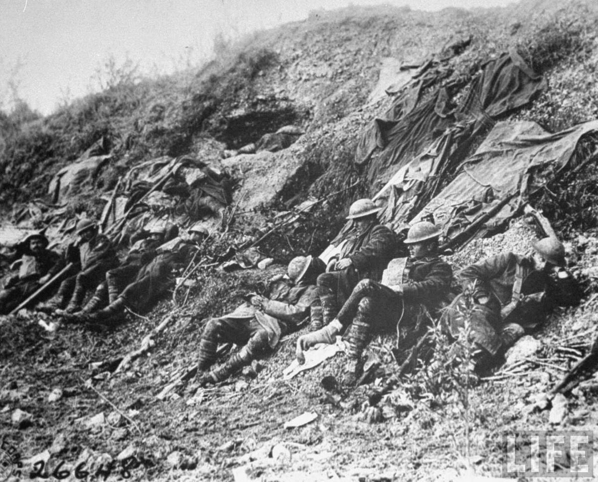 American soldiers resting during a lull in the fighting, World War I.