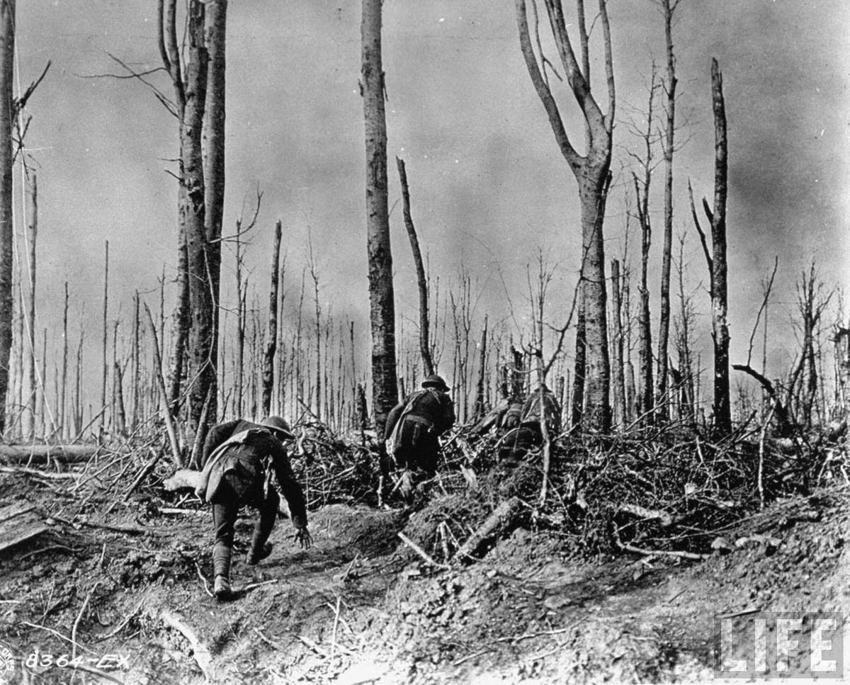 American troops advancing through a forest shattered by artillery fire during World War I.