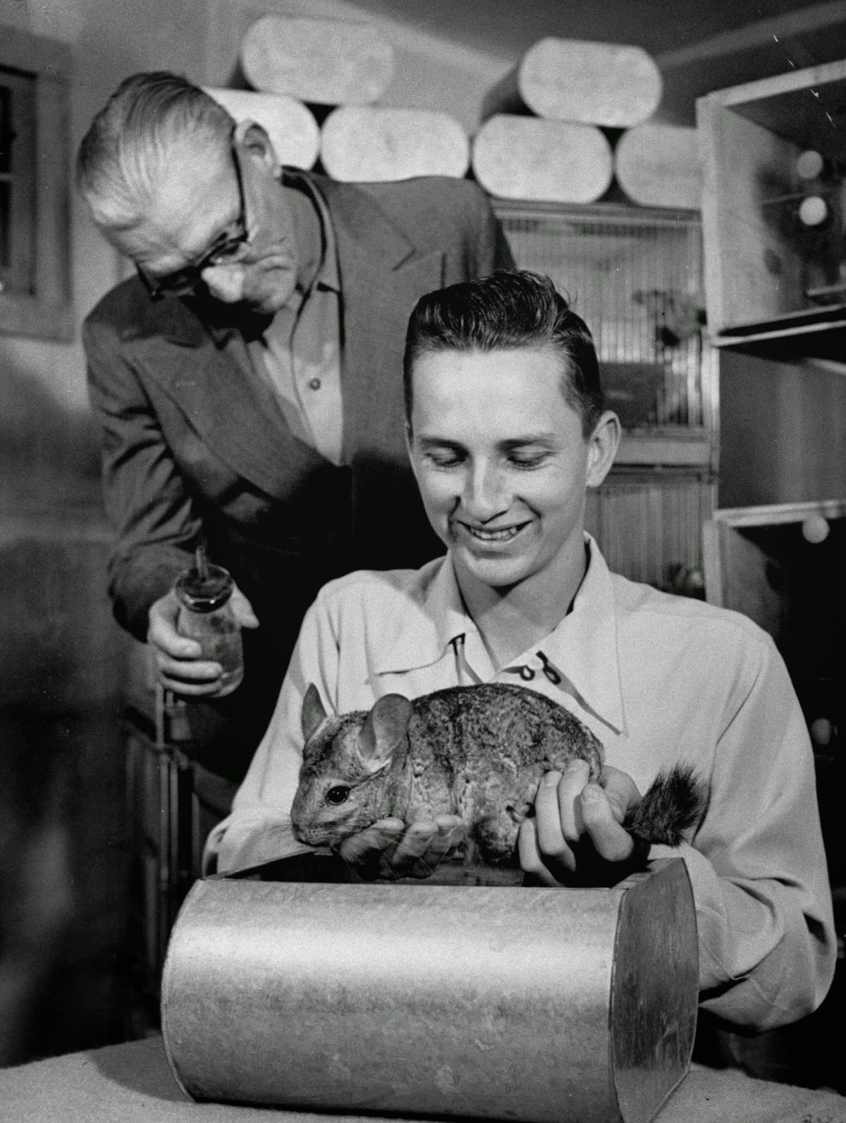 Jere Reid Jr. with a chinchilla from his breeding business, 1954