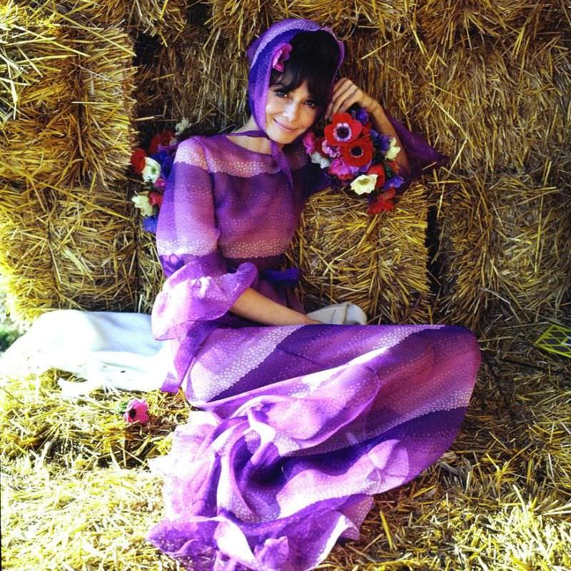 Audrey Hepburn wearing a purple Givenchy dress for Vogue, 1971