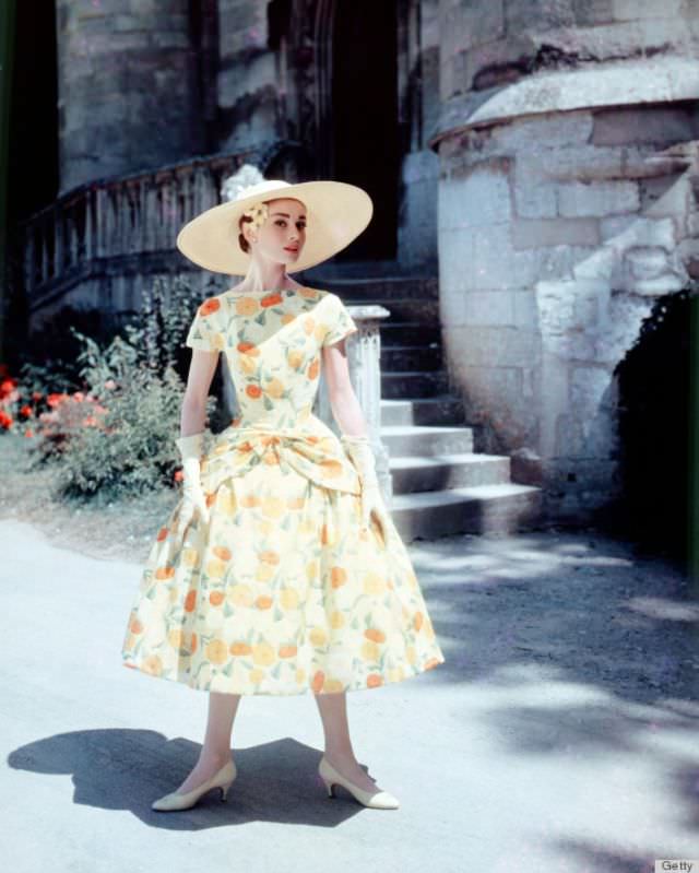Fun, bold prints are always a go. Hepburn’s feminine makeup and wide-brimmed hat helped to balance out the strong pattern on this dress.