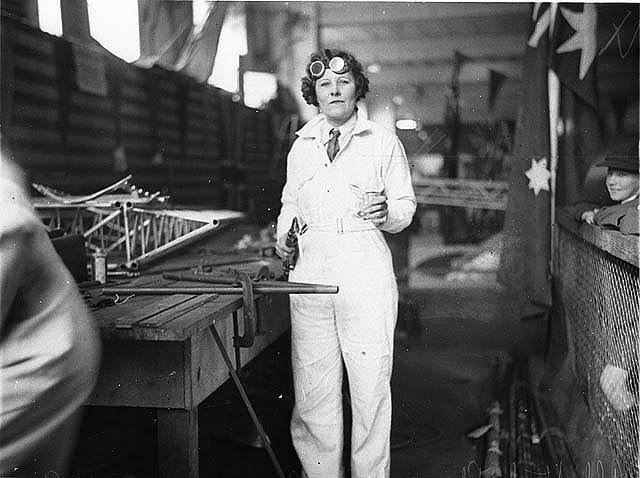 May Bradford welding part of the all-Australian monoplane for the England-Australia air race, 1934. May Bradford was the first woman pilot to hold “A” and “B” ground engineer’s licences in Australia.