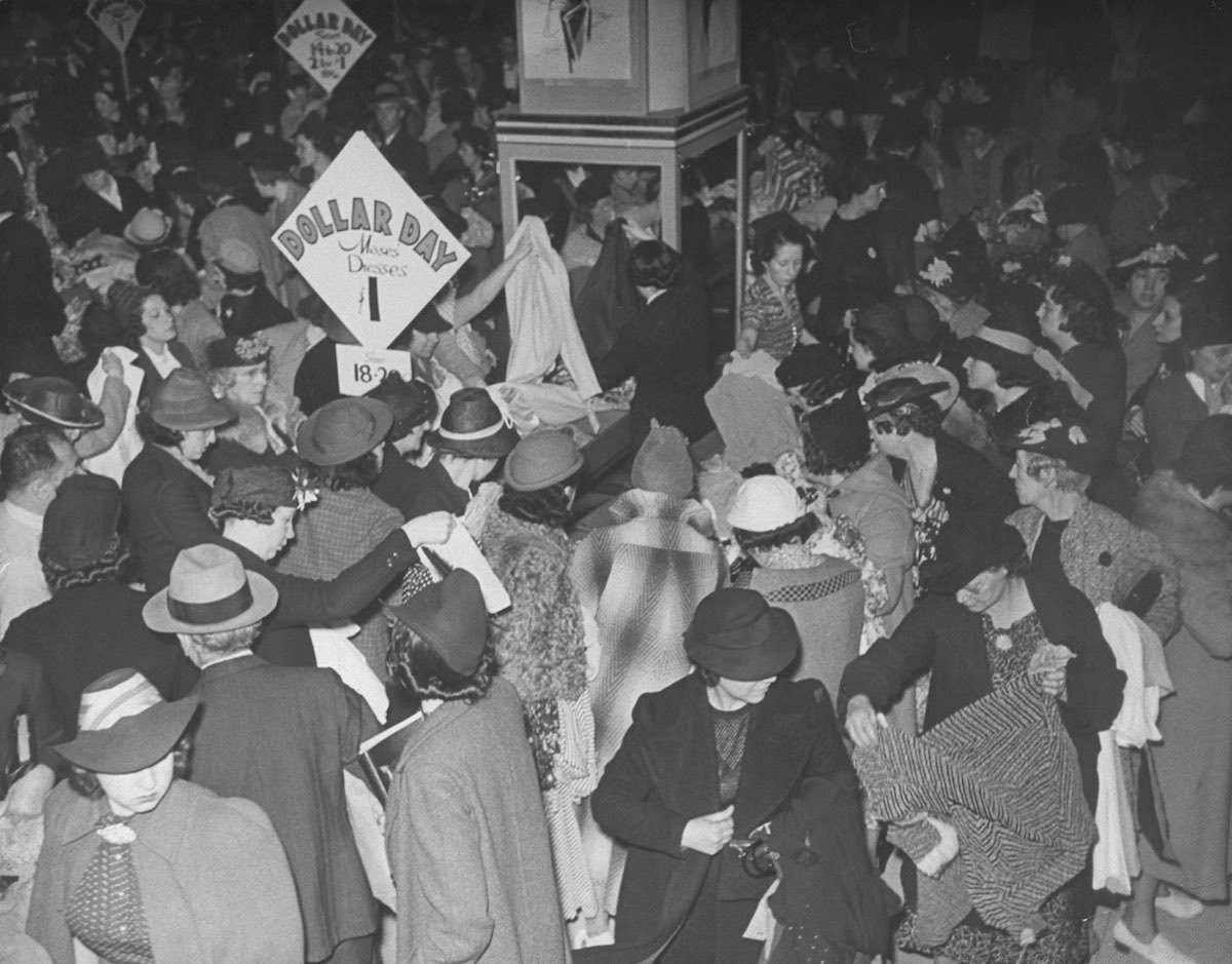 Shoppers at the semi-annual Dollar Day sale at Filene's Basement in Boston, 1938