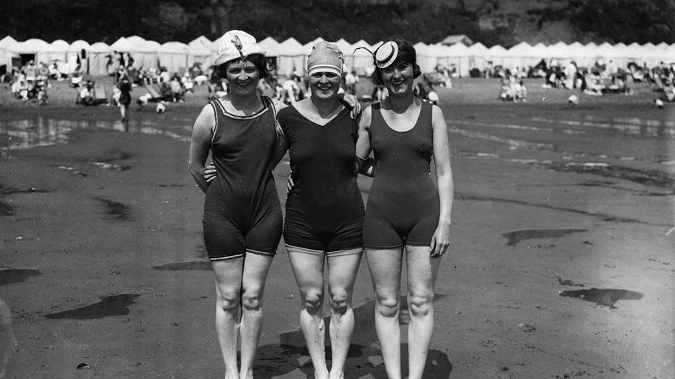 Bathers posing on the beach at Shanklin, Isle of Wight, 1926