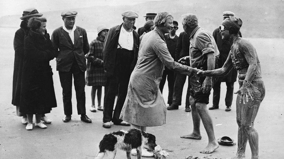 Swimmer Gertrude Ederle being wished bon voyage by Lillian Cannon before her English Channel swim, 1926
