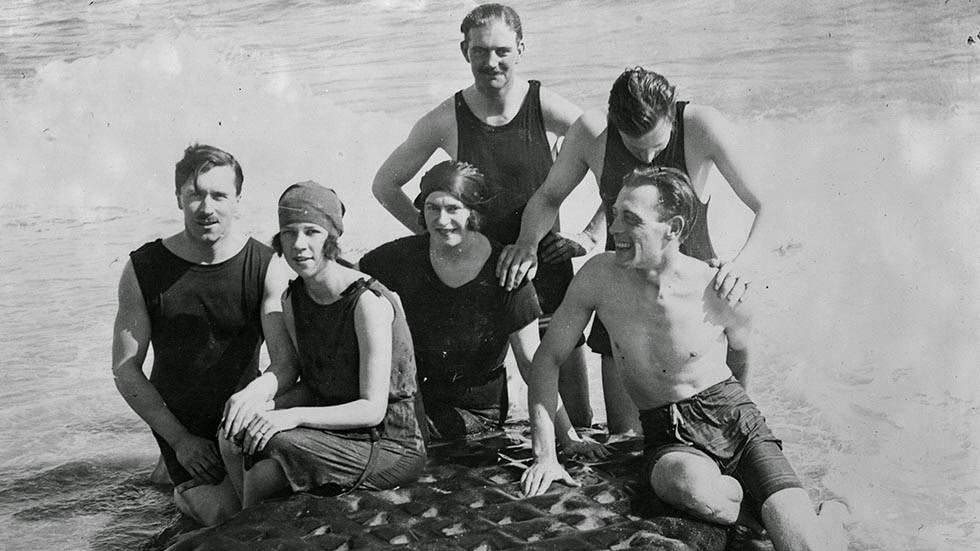 British society group at Palm Beach, Florida, with an inflatable mattress, 1922