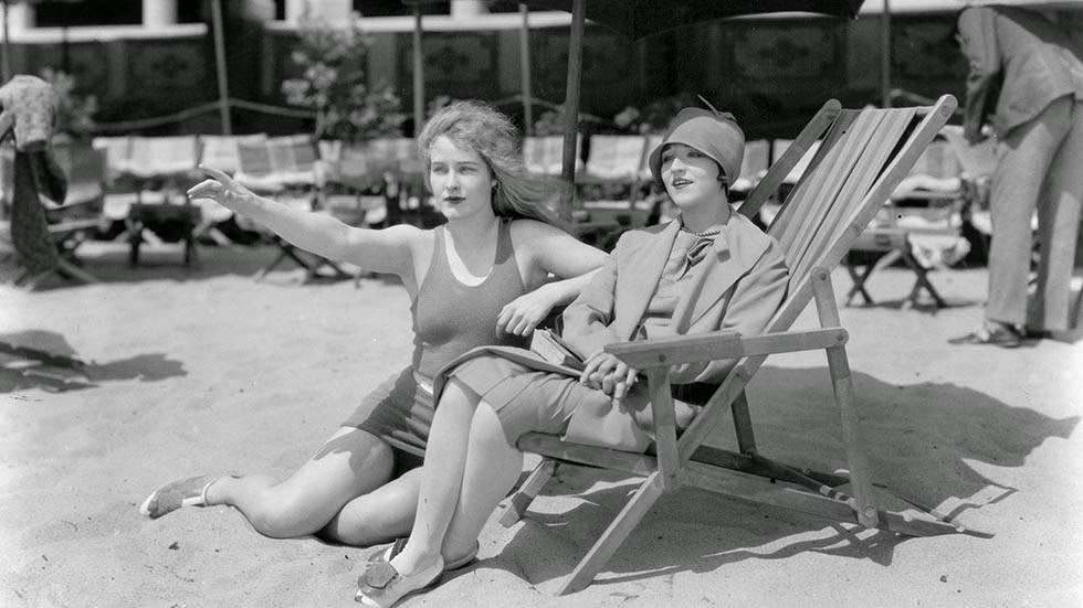 Actress Julia Faye with Dorothy Egan on the beach, 1927
