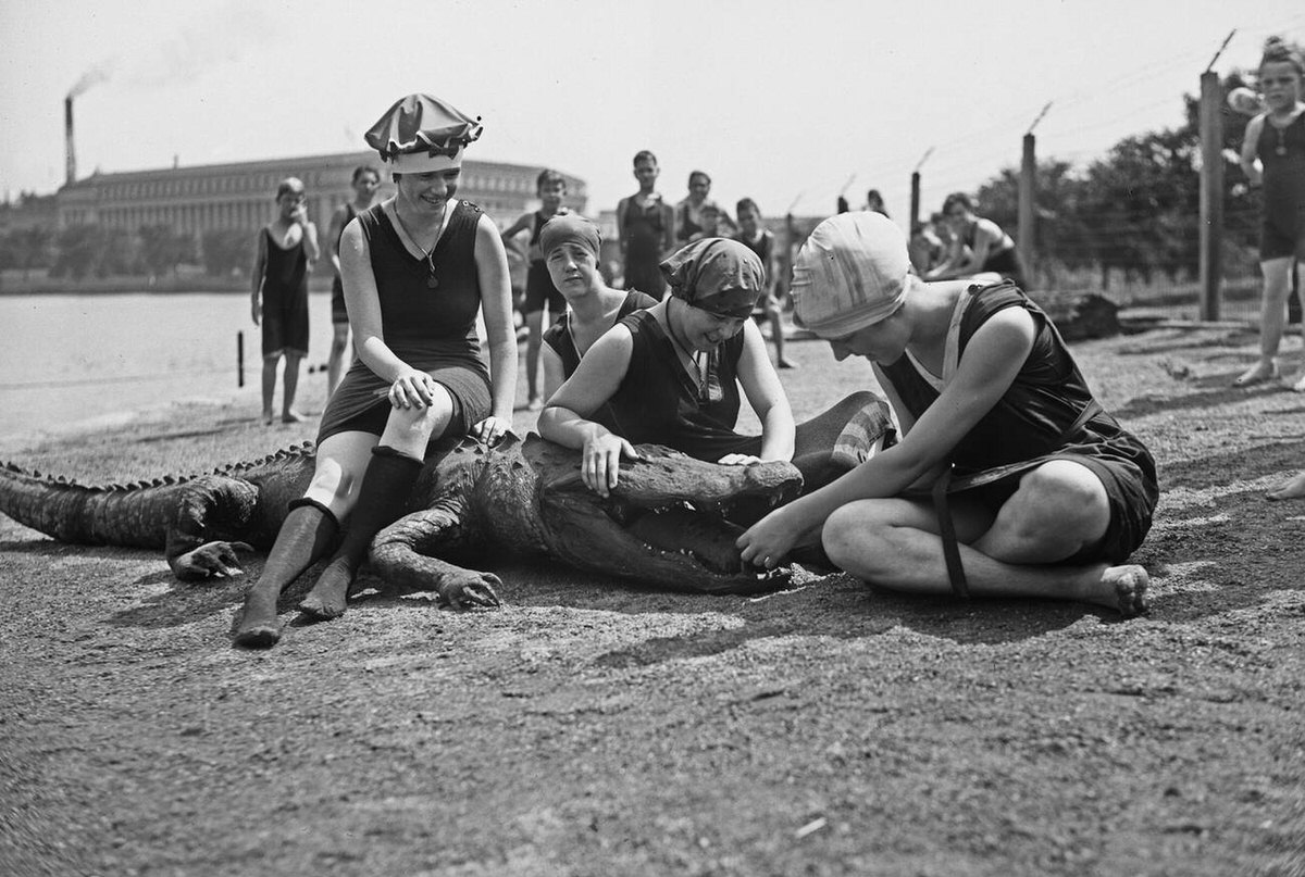 Bathers with a stuffed alligator at the Tidal Basin in Washington, D.C., 1919