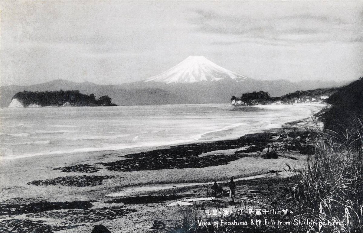 Enoshima Island and Mount Fuji seen from Shichirigahama beach near Kamakura, Japan, 1920s
