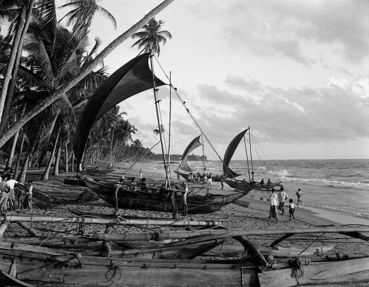 Catamarans on a tropical beach in Sri Lanka, 1920s