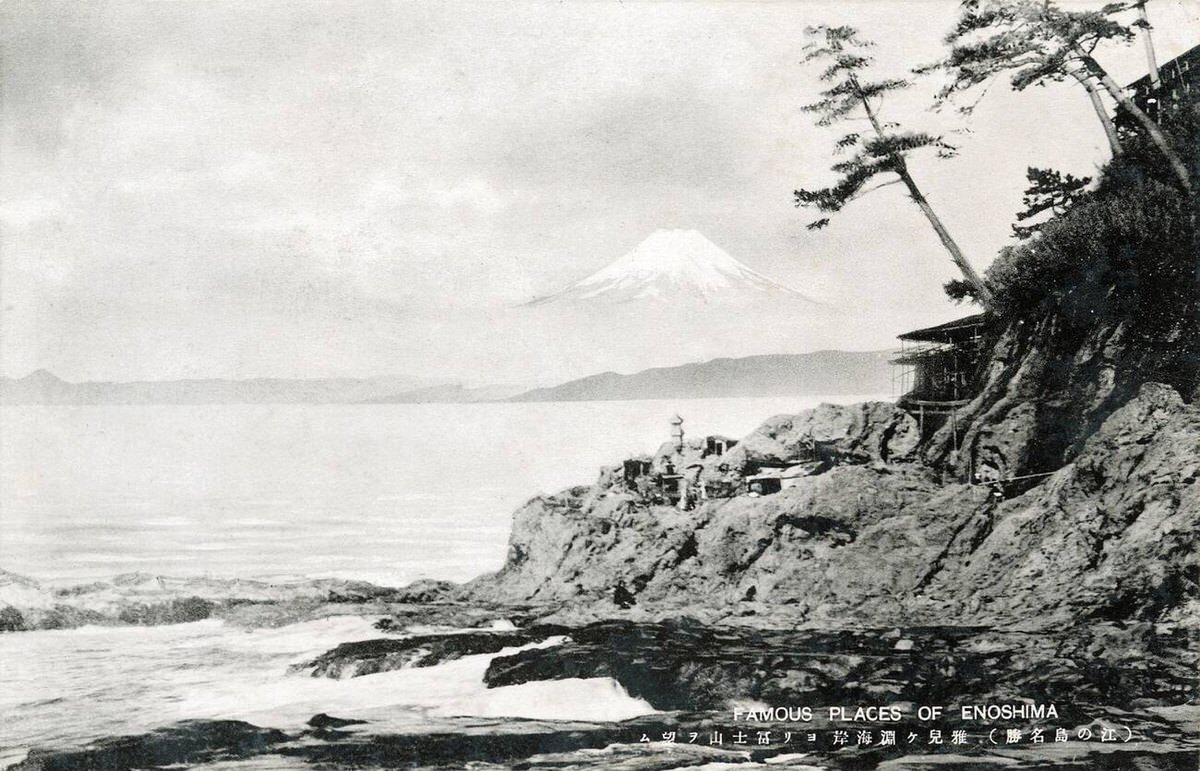 Mount Fuji seen from Chigogafuchi beach on Enoshima Island, Japan, 1920s