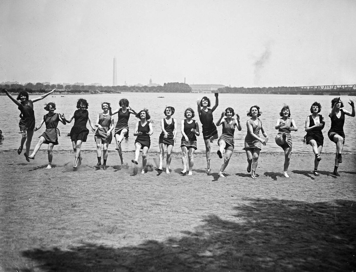 Bathing beauties dancing on the beach, 1923
