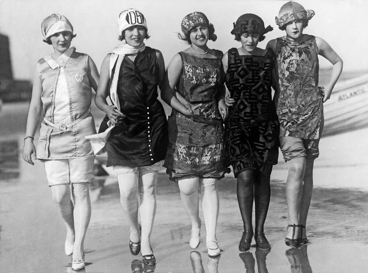 Miss America contestants taking a stroll on the beach in Atlantic City, New Jersey, 1924