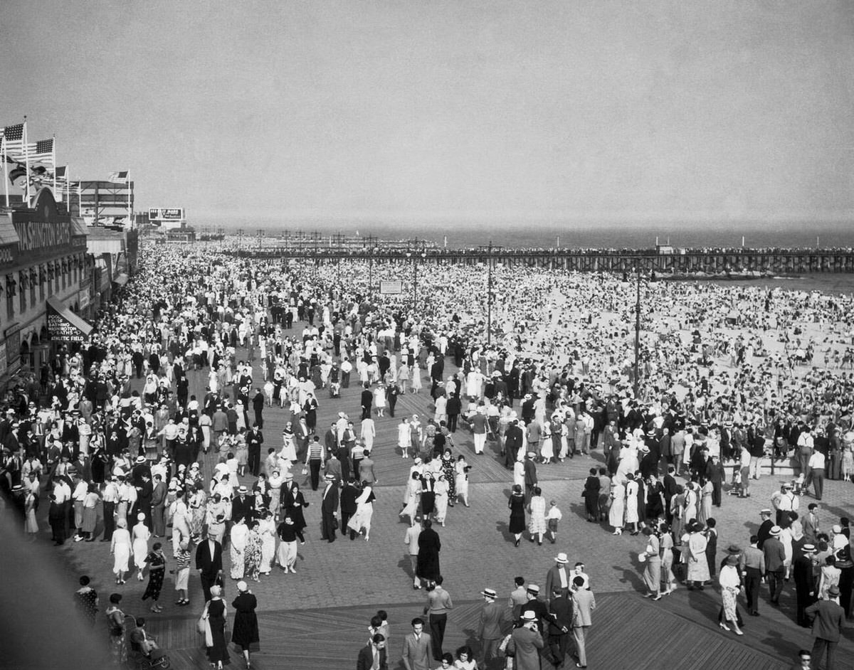 Crowds on the boardwalk at Coney Island in Brooklyn, 1925