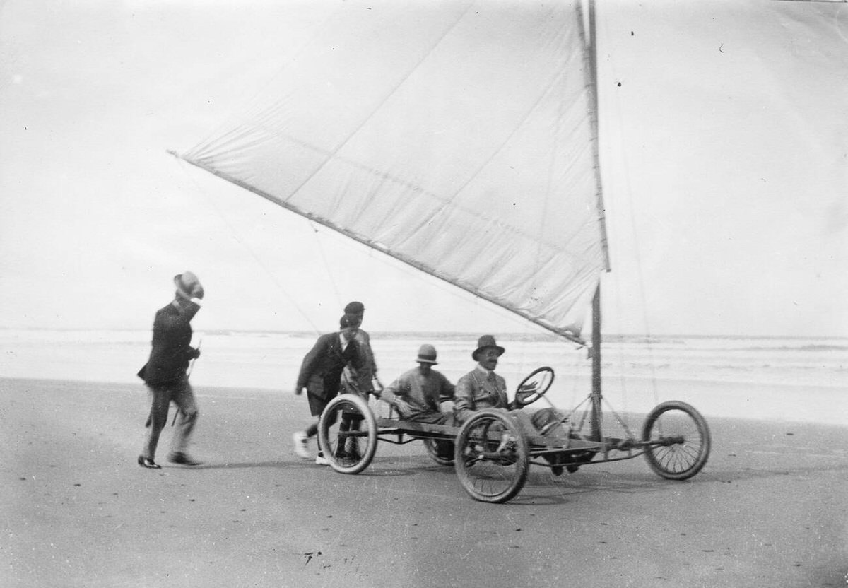 King Alfonso of Spain on a sand yacht on the beach at Comillas, 1924