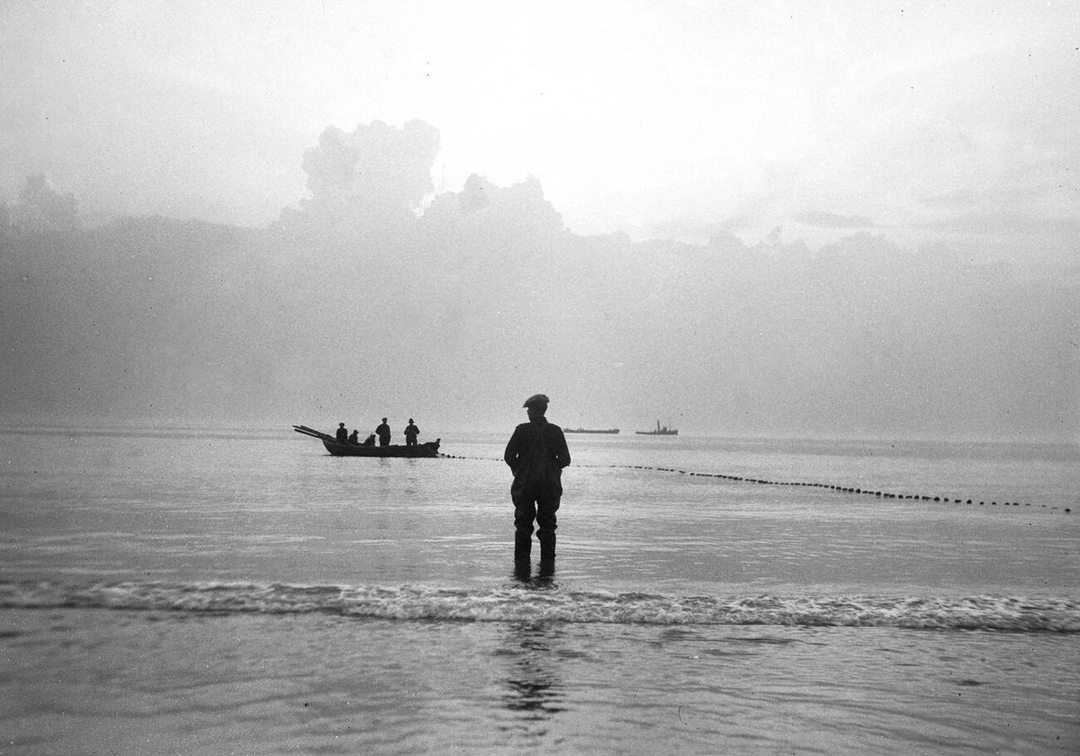Fishing boat with driftnets at Huisduinen beach in Den Helder, Netherlands, 1925