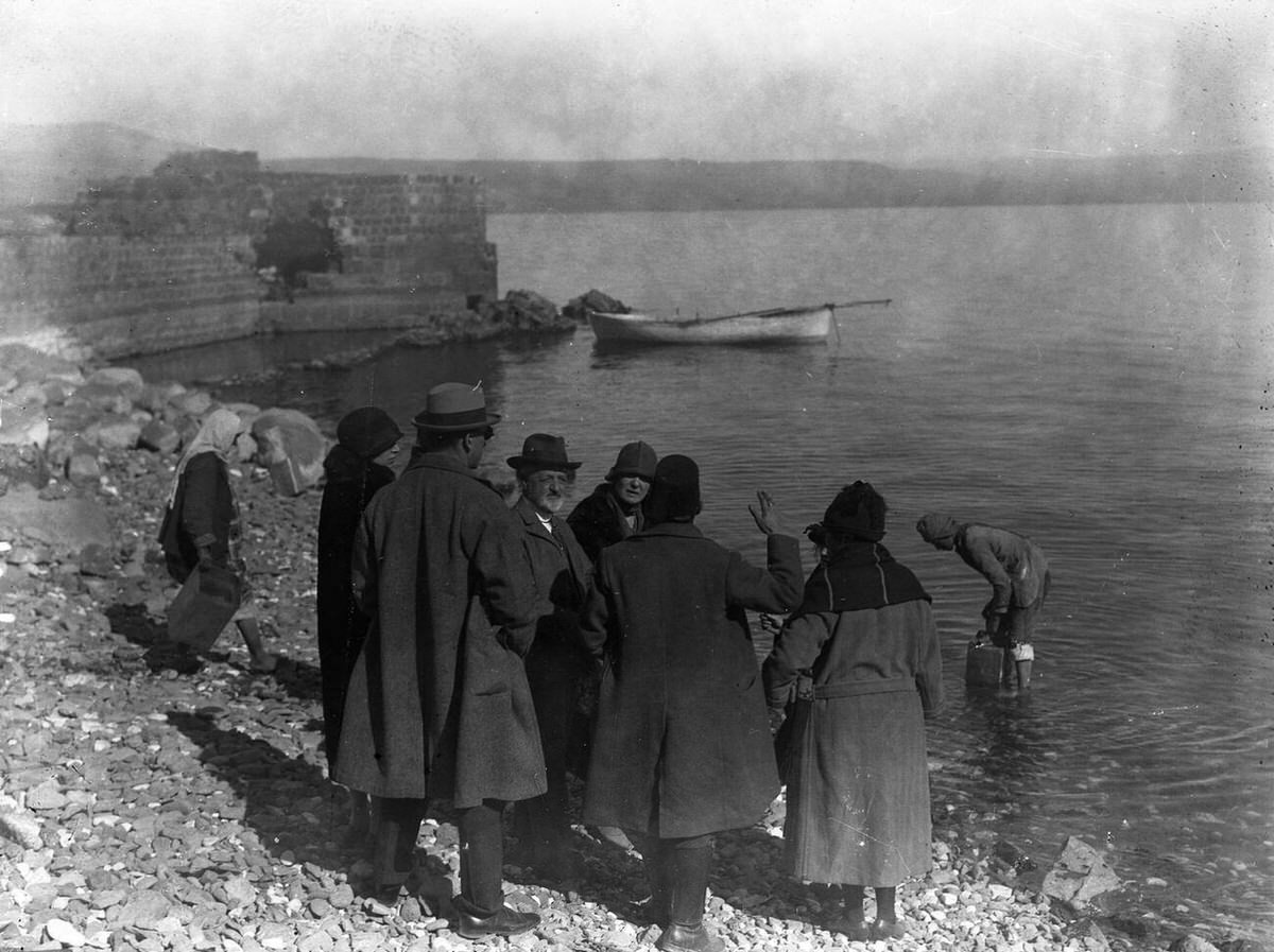 English tourists on the shores of the Sea of Galilee at Tiberias, 1925
