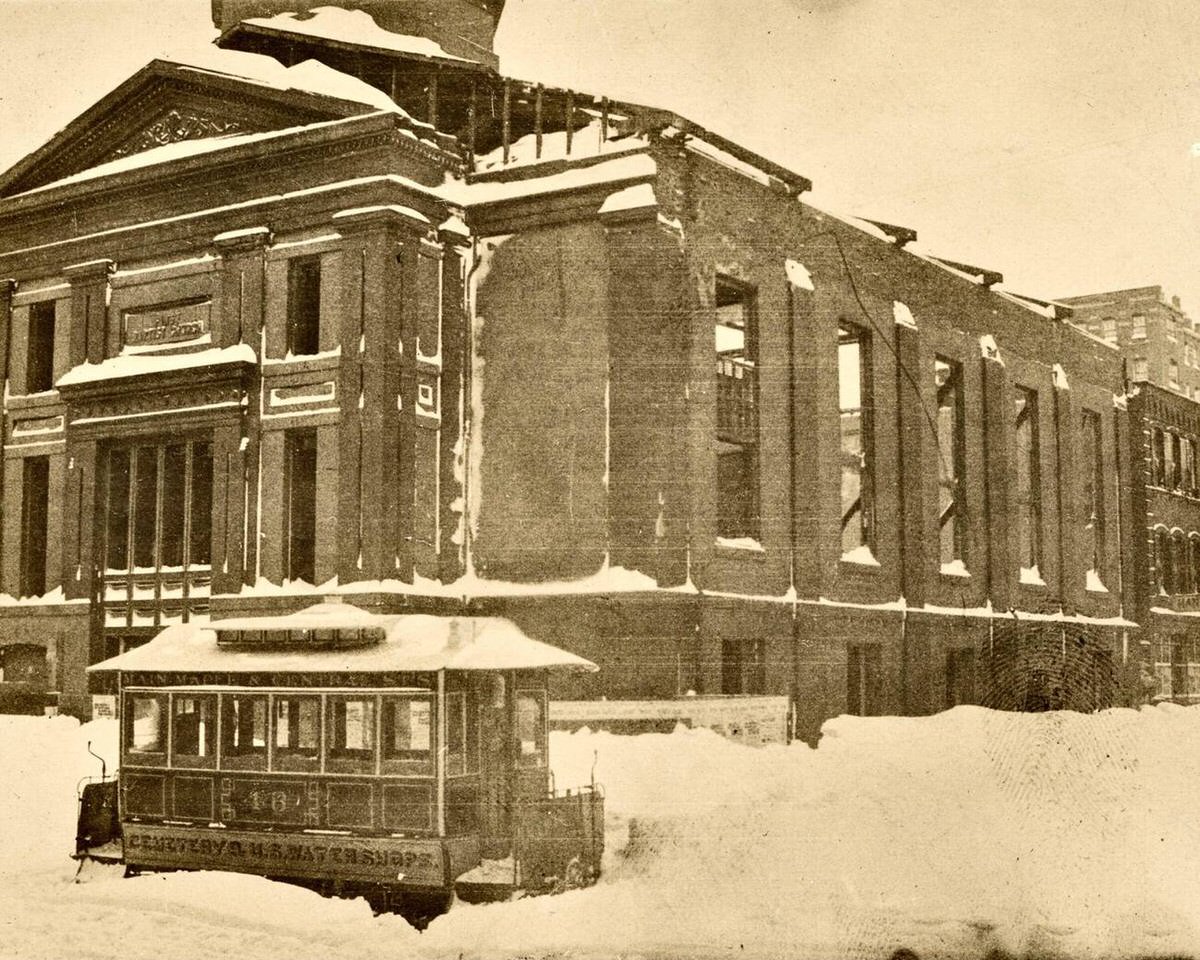 Church and trolley during the Great Blizzard of 1888 in Springfield, Massachusetts, 1888