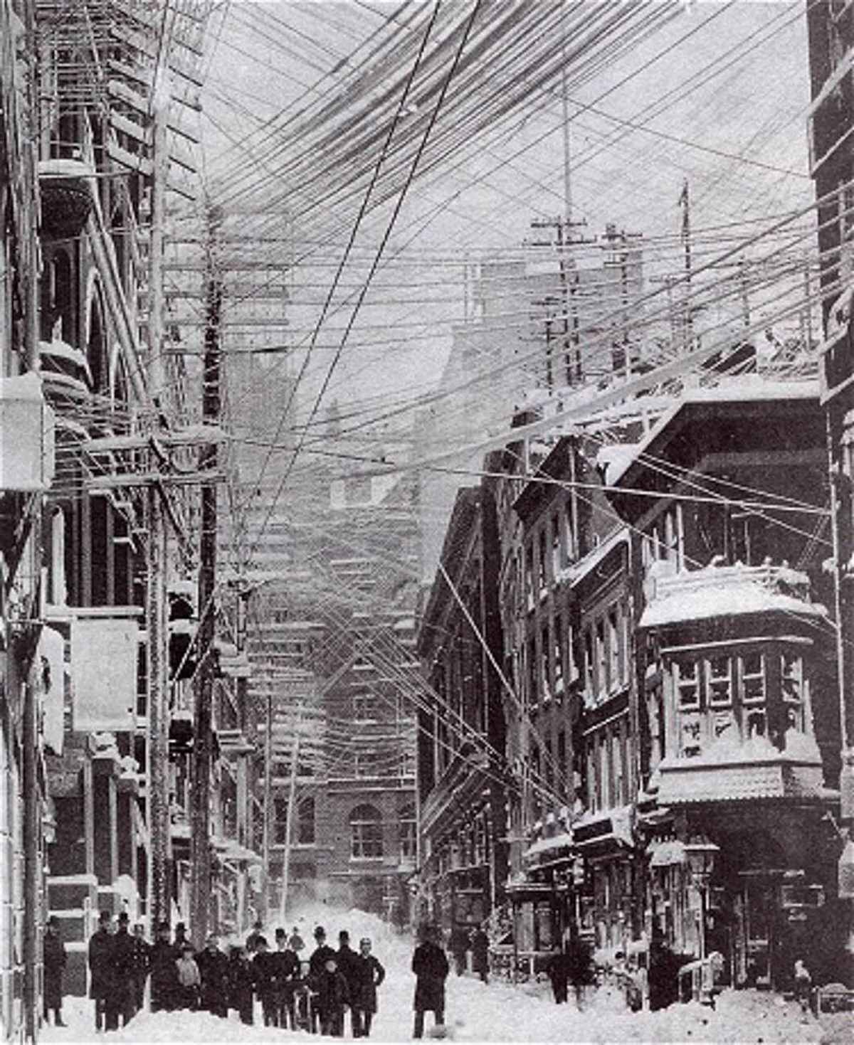Broken overhead wires in New York City during the Great Blizzard of 1888.