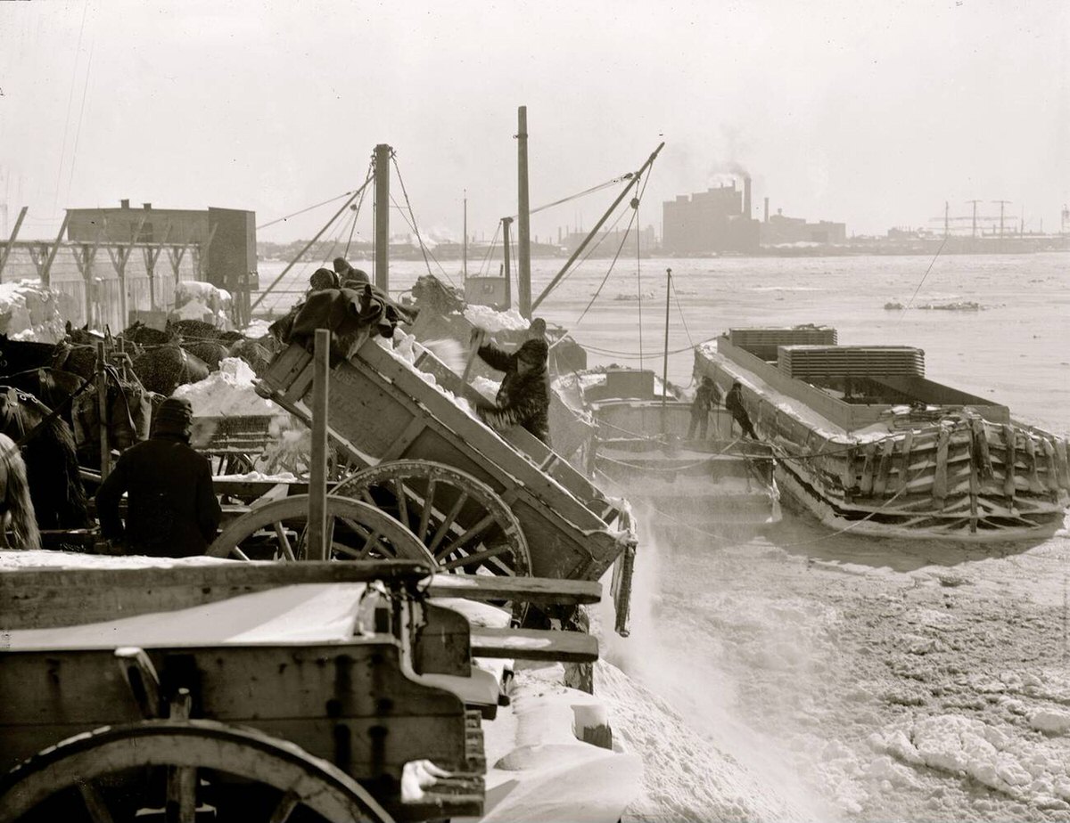 Dumping snow into the river after a blizzard in New York, 1888