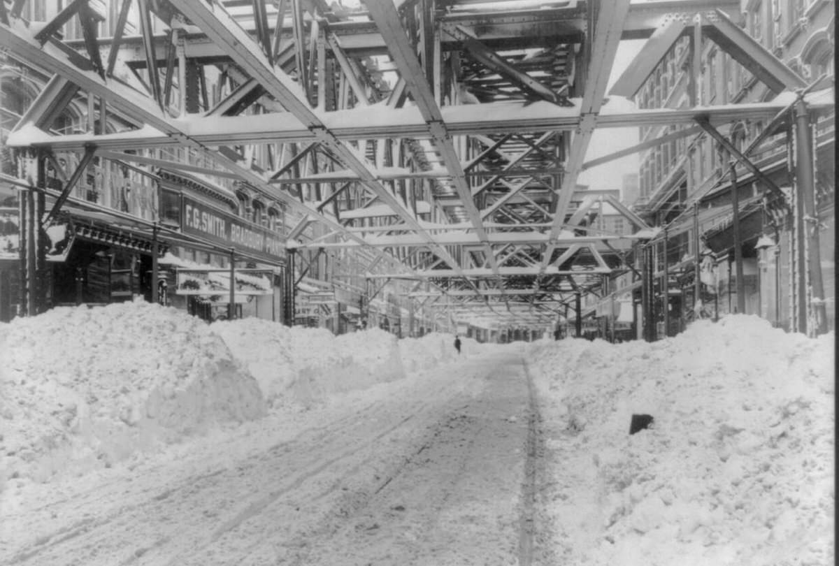 Fulton Street toward the ferry after plowing during the Blizzard of 1888 in New York City, 1888