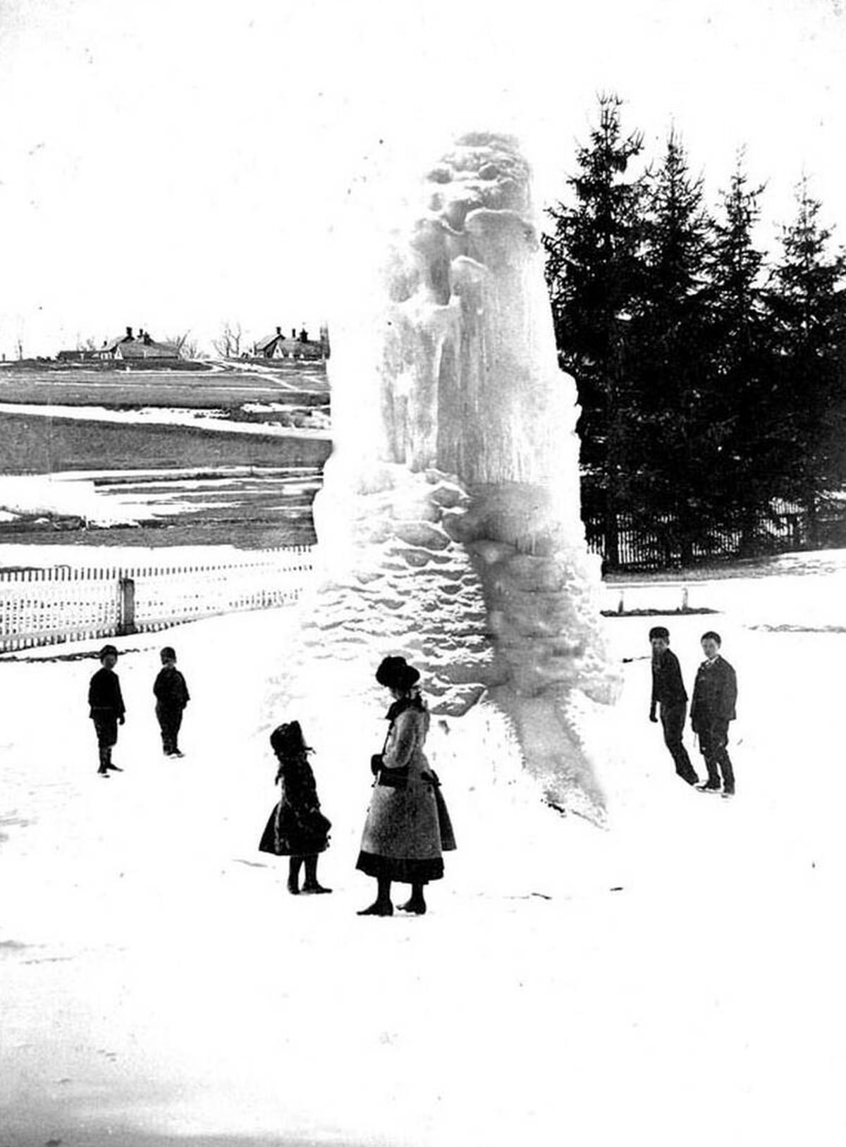 Frozen fountain at Woodland Cemetery after the blizzard of March, 1888.