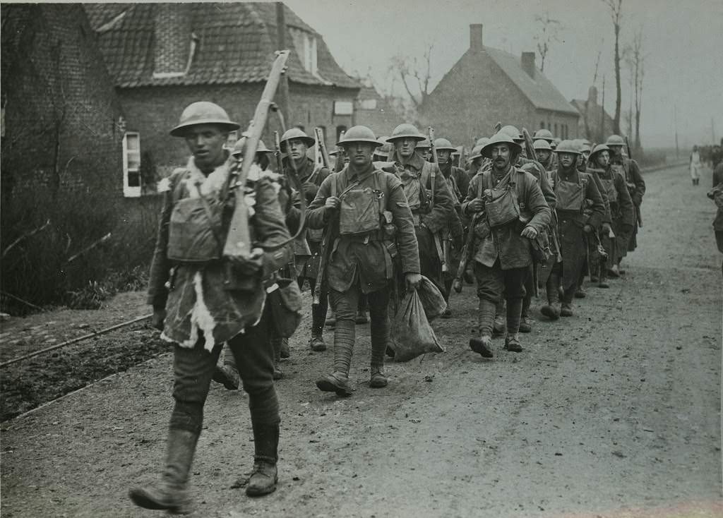 The German offensive - Some of the gallant 55th going for a short rest after fighting hard, 1914.