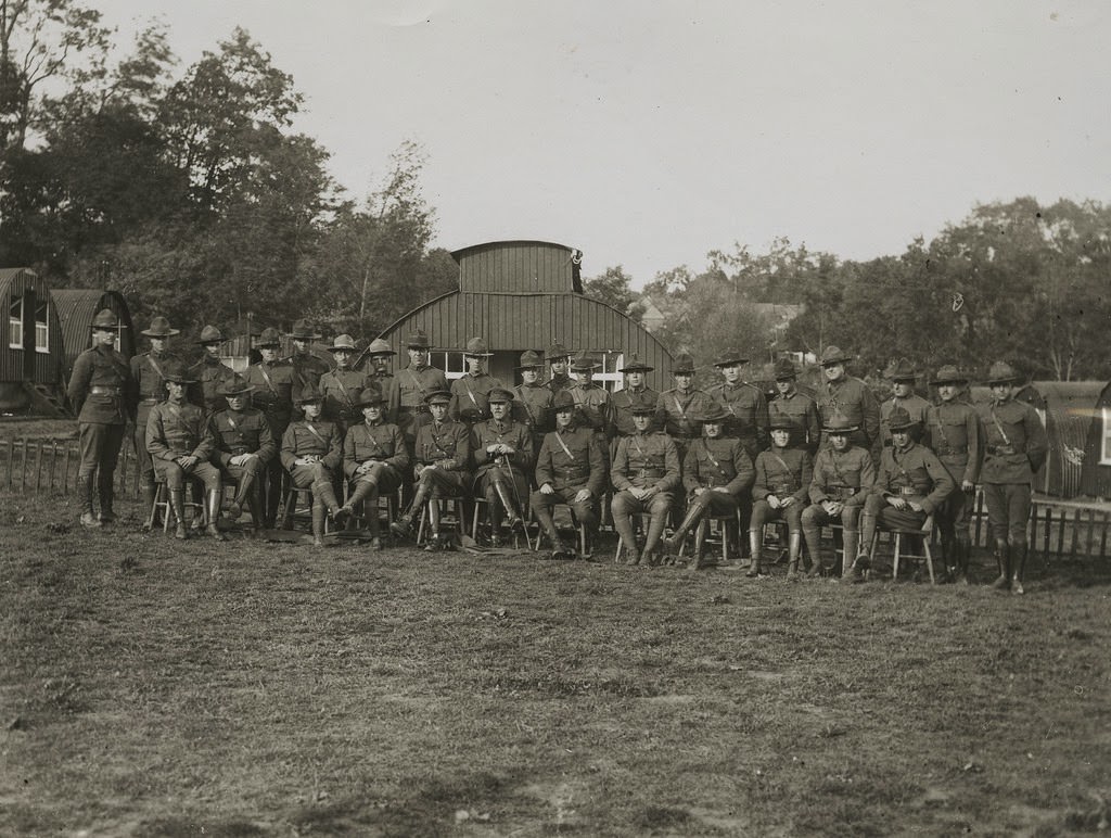 American officers with Commandant at the Nth British Corps School somewhere in France, 1914.