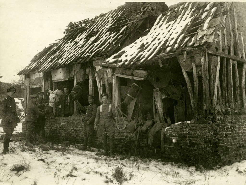 The German offensive - Some of the stables in the advanced lines, 1914.
