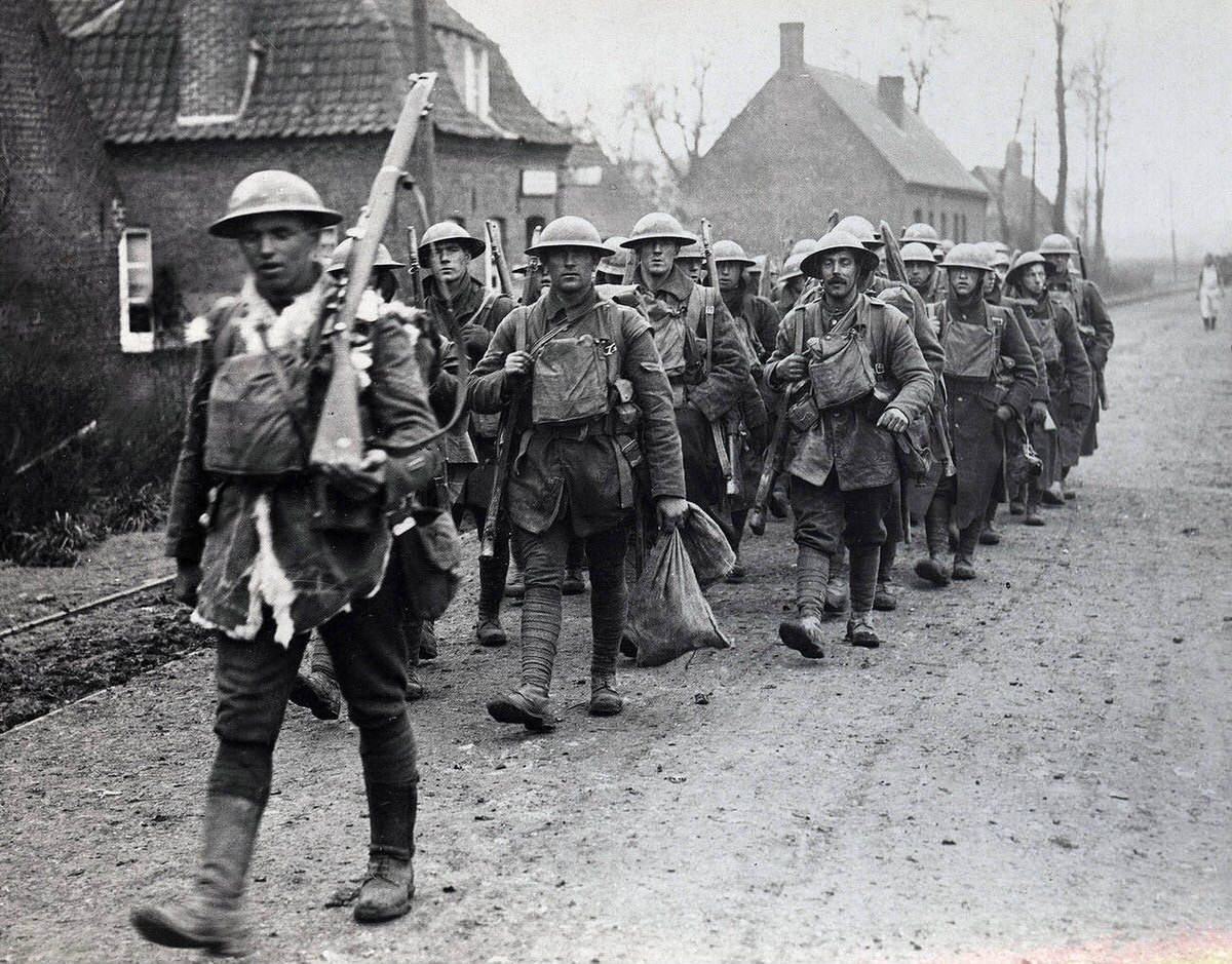 Soldiers of the 55th Division going for a rest after hard fighting on the British Western Front, 1914