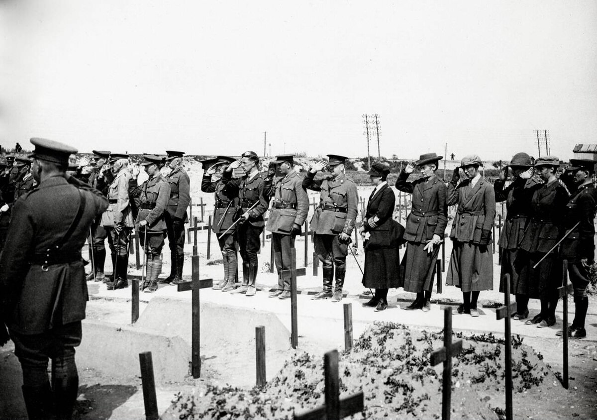 Funeral of a British Red Cross nurse killed during a German air raid in France, 1914