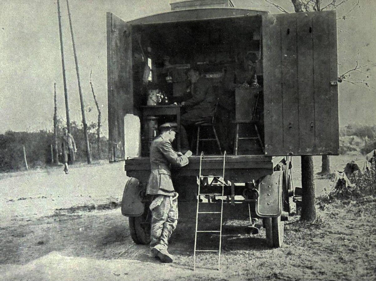 Telephone lorry exchange during an observation exercise on the British Western Front in France, 1917