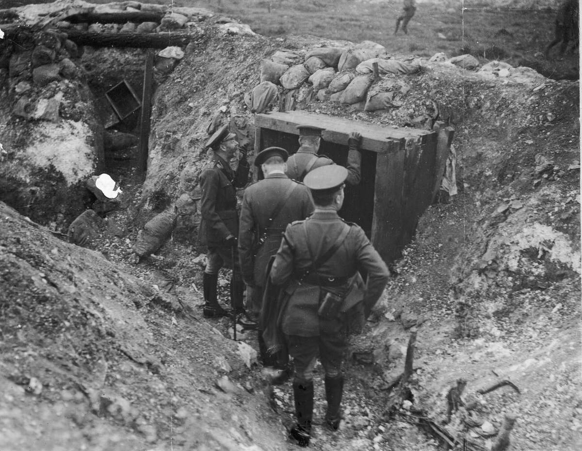 King George V and officers touring captured German trenches, 1918