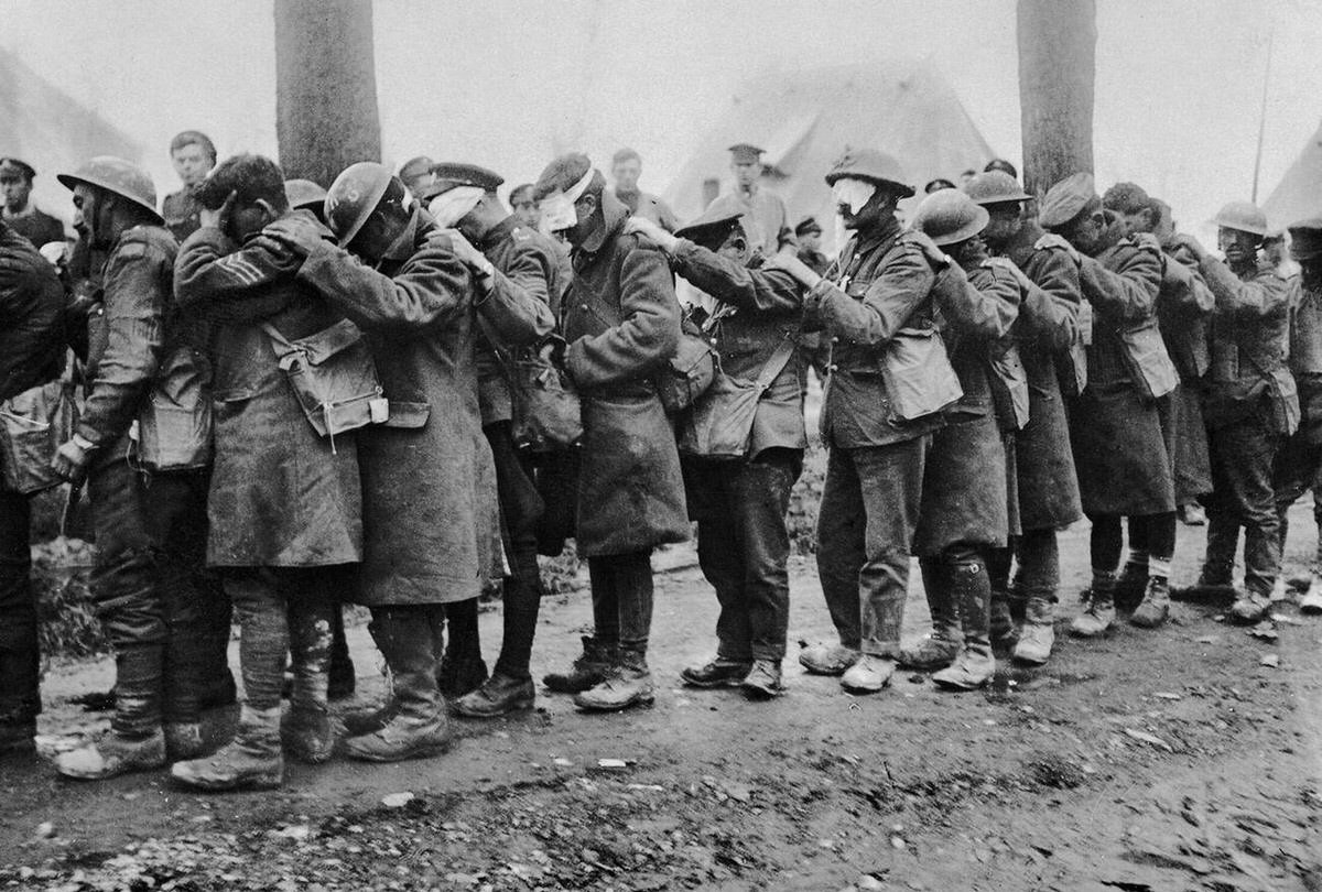 British soldiers of the 55th West Lancashire Division blinded by tear gas in Béthune, France, 1918