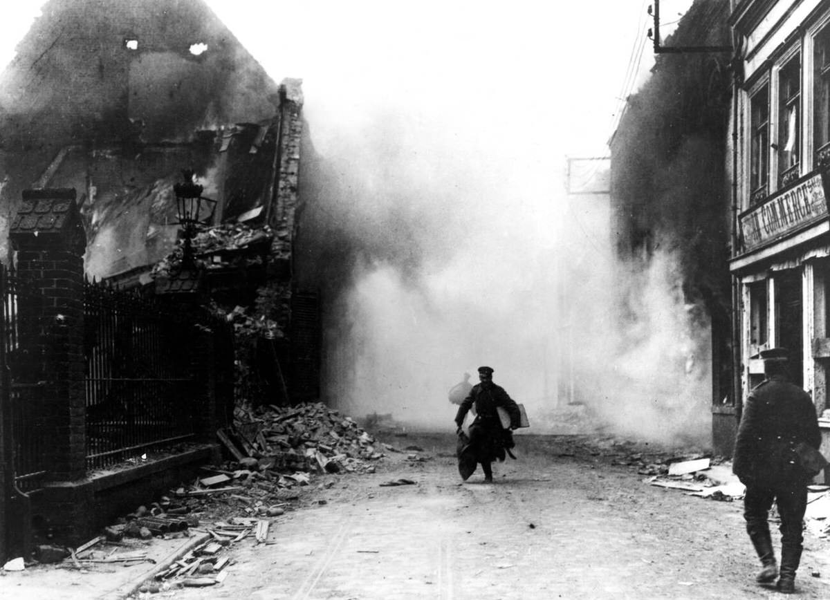 British shells exploding in Armentières, 1918