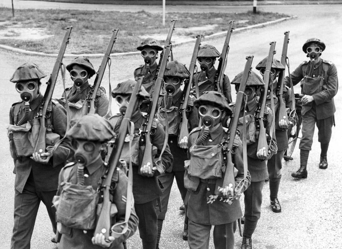British troops wearing respirators during a training exercise, 1939