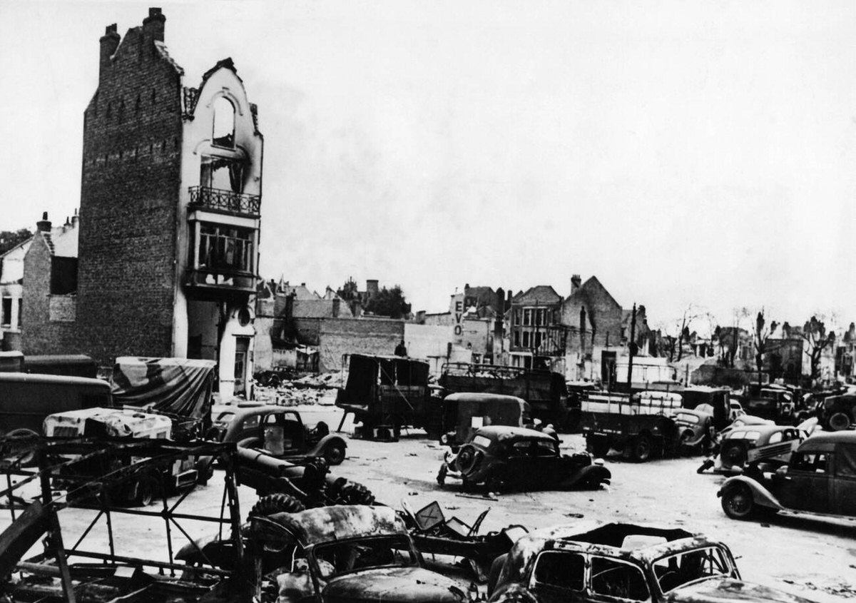 Munitions left in a French city after the withdrawal of British and French forces, 1940