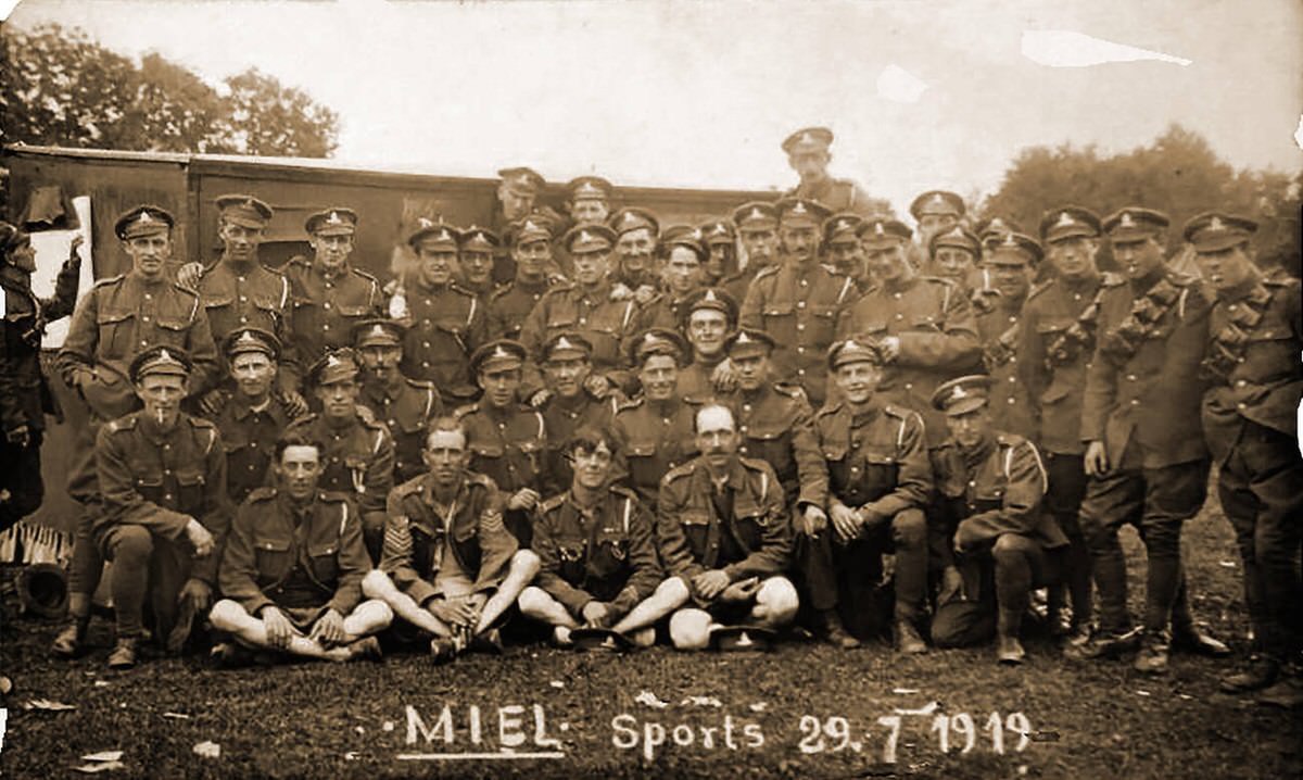 British soldiers forming a sports team after the Battle of Saint-Mihiel, 1914