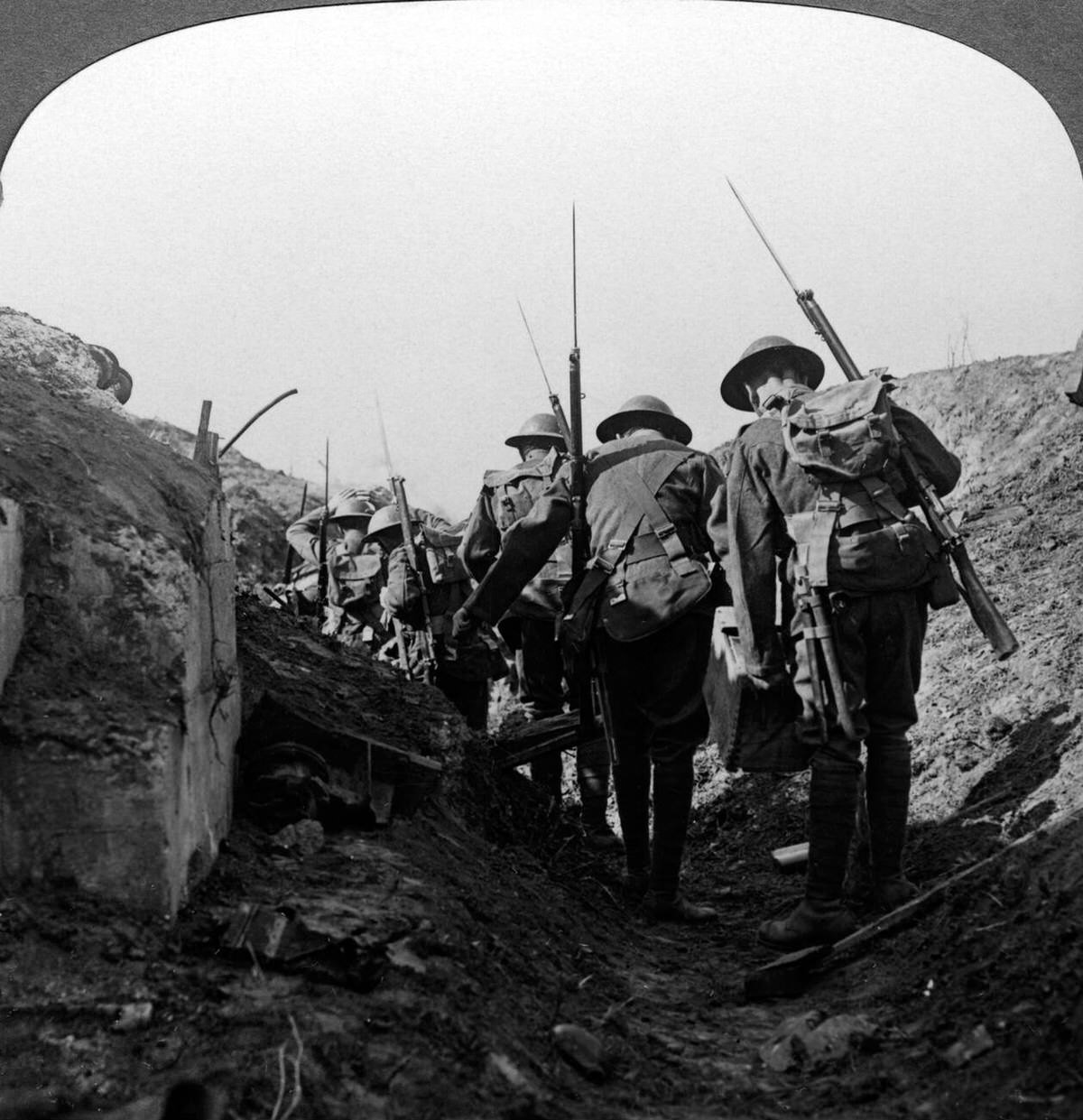 British troops in a captured trench on the Hindenburg Line, 1917
