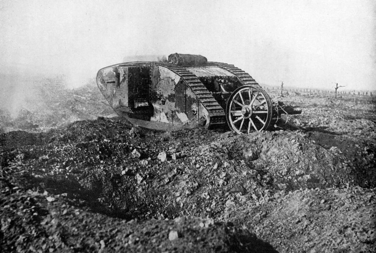 Tank in action on the Western Front in Somme, France, 1914