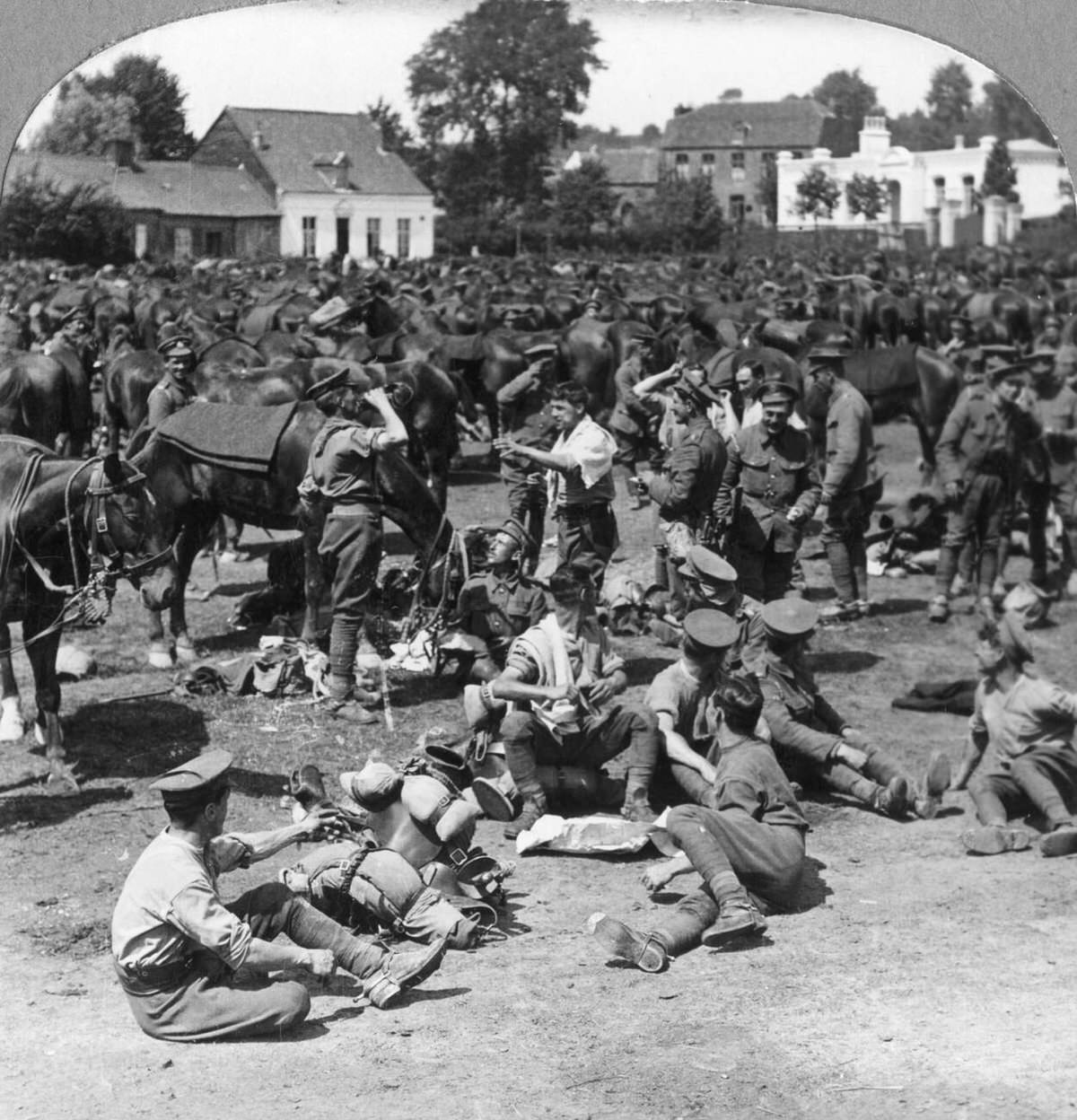 British cavalry troops resting in a French village, 1914